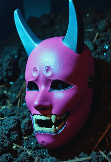ArsMovieStill, movie still from a 1970s horror movie Studio cursed kitsune mask in a Japanese grave shrine magenta cyan miasma