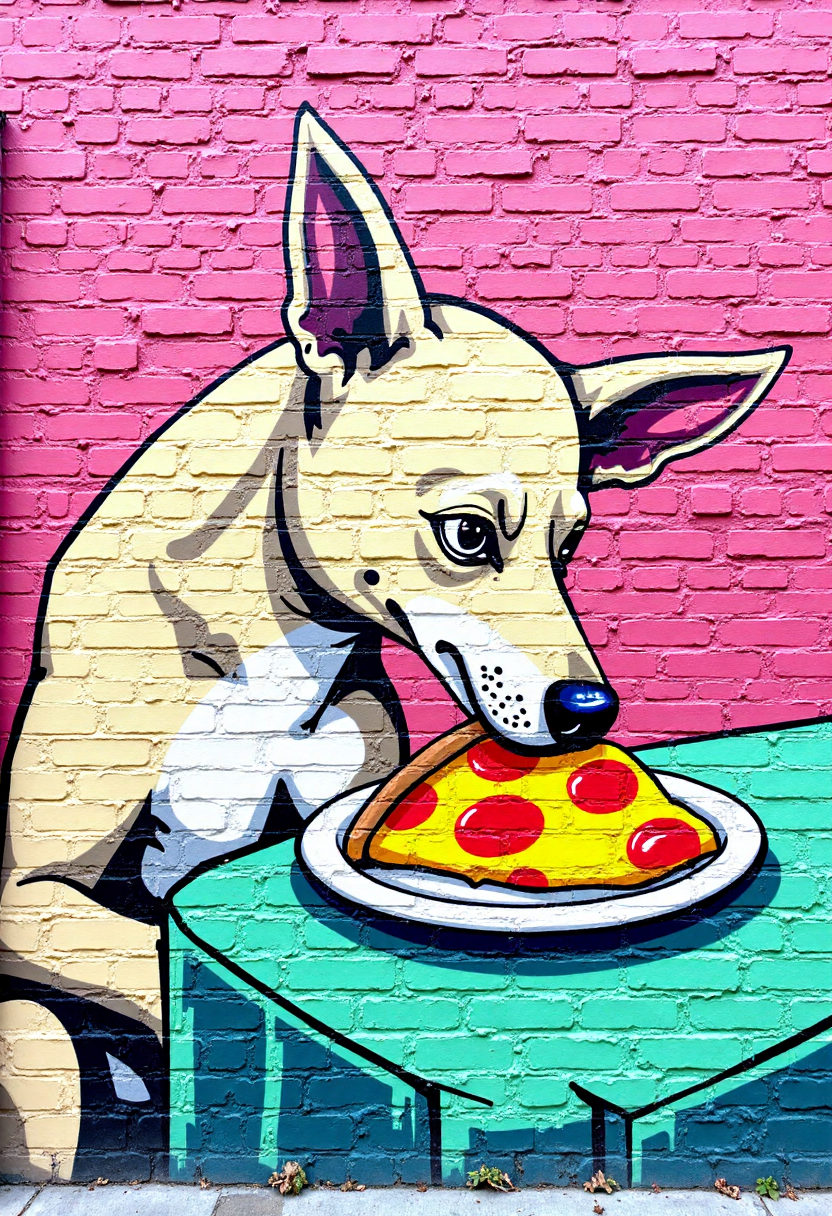 <lora:Brick_Wall_Graffiti_FLUX:1>
This is a vibrant, detailed photograph of a mural painted on a brick wall. The mural features a stylized, cartoonish depiction of  dog eating a slice of pizza