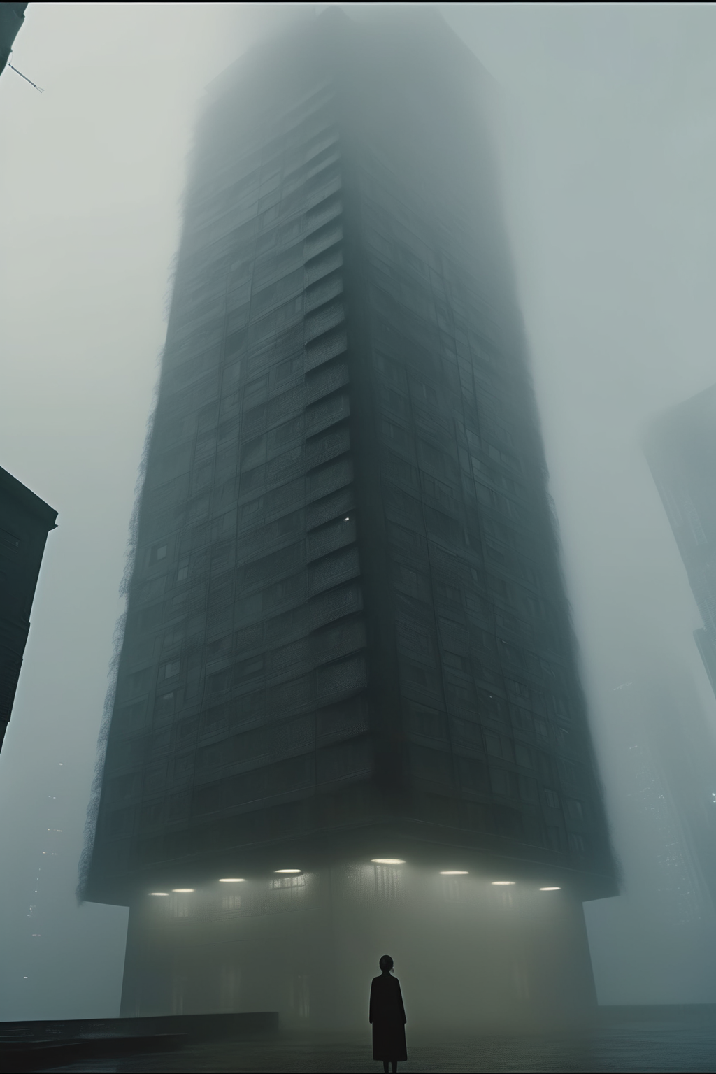 <lora:Director David Fincher style:1>Director David Fincher style - Realistic shot of a ultra foggy silent building, in the ghost in the shell movie, arrival, dune movie, cyber modified female, cyber mechanic body, realistic face, photography, realistic skin, cinematic dark vibe, blade runner, movie shot, scifi movie, cold colors but cinematic, movie shot, directed and arrival, nope, dune, blade runner
