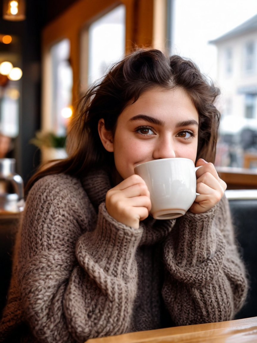 Cinematic fashion photograph  Amina_Massoud_P_MXAI_SDXL , wearing a cozy knitted sweater, sitting in a café, holding a steaming mug with both hands, happy expression,