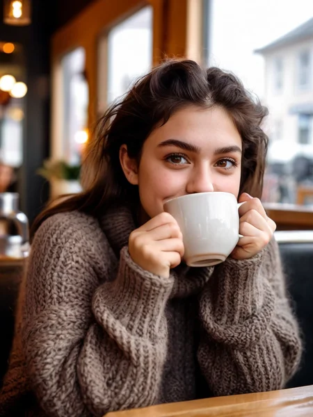 Cinematic fashion photograph Amina_Massoud_P_MXAI_SDXL , wearing a cozy knitted sweater, sitting in a café, holding a steaming mug with both hands, happy expression,