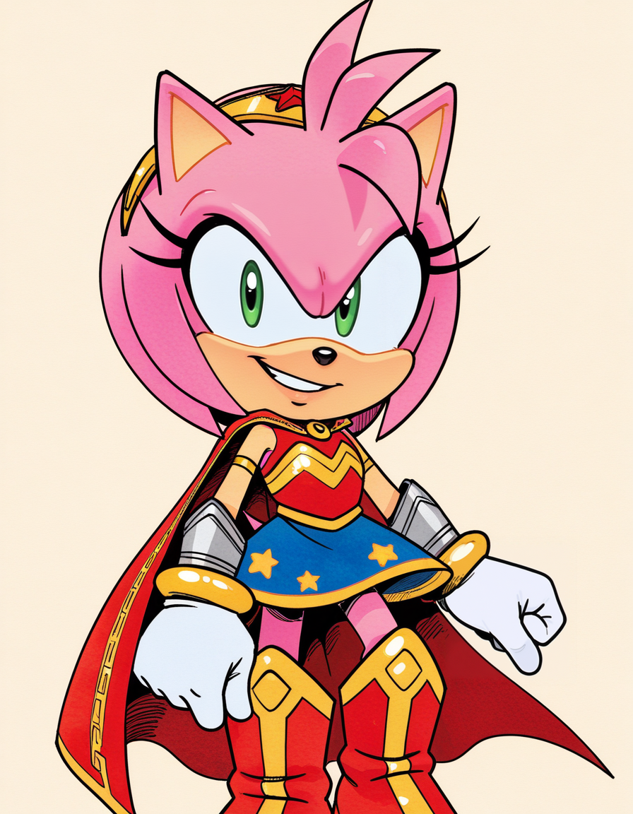 1girl, solo, no humans, petite, official art, standing, tilting head, coy grin, teasing glance, cheerful posture,
<lora:WonderAmy_v1:0.9> wonderamy, alternate costume, amy rose, gold trim, red cape, white gloves, bracer, gold hairband, blue skirt, sleeveless, breastplate, armored boots, red boots, star \(symbol\), star print, bare shoulders, armlet, miniskirt, gold brooch, brooch, red shirt, gold bracelet, tail through clothes,
 <lora:JenHen_v4-07:0.9> jenhen, traditional media, sketch, hatching \(texture\), watercolor \(medium\), extremely detailed, highres, masterpiece, best quality