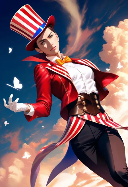 masterpiece, best quality, amazing quality, 1boy, Joyful, soft gaze, smiling, [(((brown eyes)))], (fair skin), (short hair, slightly wavy hair), ((pronounced cheekbones and chin)), ((face is rounder)), BREAK, circus magician outfit, circus pattern on jacket, red jacket, white gloves, white butterfly clothes, top hat, white t-shirt, playing cards in hand, black trousers, card tricks, BREAK, (full portrait view), look to viewer, from narrow, epic poses, BREAK, 
cinematic lighting, highly detailed, dynamic shading, artstation illustration, semi-realistic style, realistic/anime style, fantasy-modern vibe, masculine face, ((black pupils)), best eyes anatomy, best face anatomy, best hands anatomy, BREAK,  very aesthetic, best quality, BREAK,  dark lighting, dark colours, attractive features, detailed hair, detailed features, realistic facial features, BREAK, sea background, dynamic poses, dynamic angle, no girl body, no girl face,