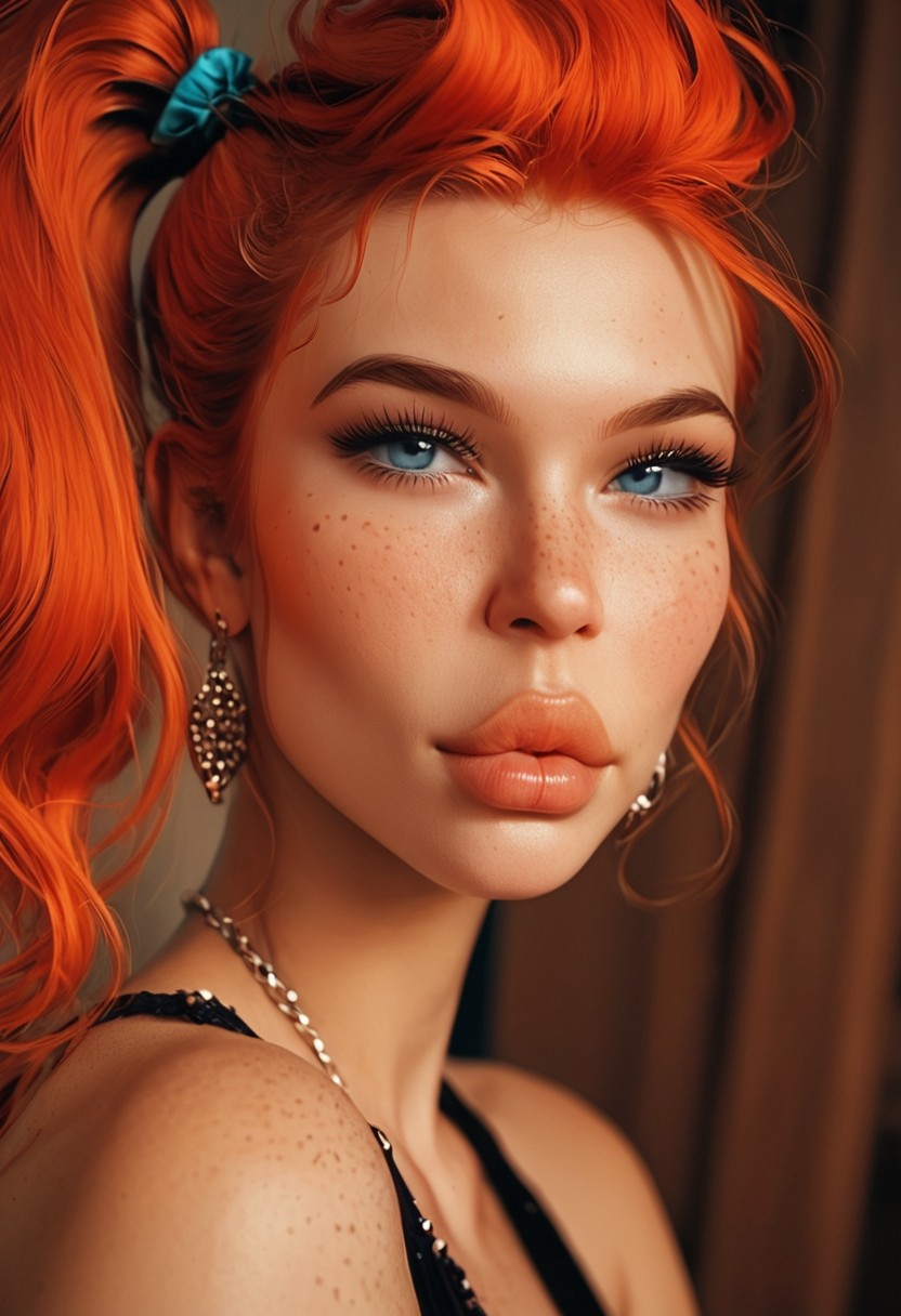 score_9, score_8_up, score_7_up, score_6_up,  Chloe_C&C, 1girl, gorgeous girl , Red hair, Side ponytail, freckles, perfect face, perfect eyes, sexy, sexy girl, beautiful eyes, petite body, perfect cute face, punk girl , cute face ,beautiful eyes, ,black crop top, high quality, realistic, face focus, (thicc lips, plump lips, full lips, lip filler, bimbo lips), winged eyeliner, blue eyes