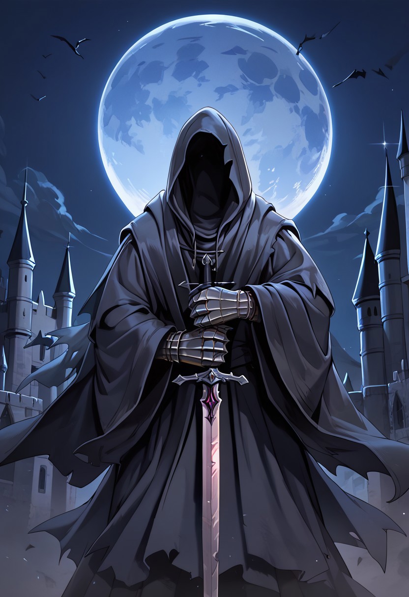 score_9, score_8_up, score_7_up,nazgul,1 male,hood up,faceless,black broken robe,gauntlet ,at castle, at night , moon light,held sword