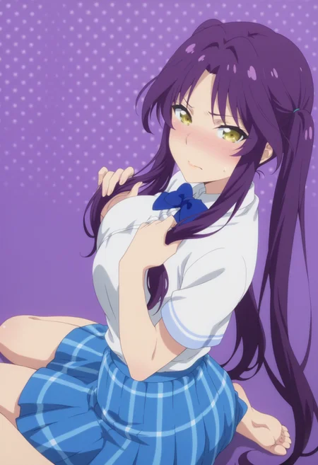 anime screencap, anime coloring,   <lora:DX888Kyou:1> goshouin kyou, yellow eyes, purple hair, very long hair, parted bangs BREAK  school uniform, white shirt, blue bowtie, plaid skirt, blue skirt BREAK simple background, purple background,  polka dot background, BREAK 1girl, closed mouth, embarrassed, hand in own hair, hands in hair, holding, holding own hair, looking at viewer,  nose blush,  sidelocks, sweatdrop, (twintails:1.3), upper body,  from side, from above,  wariza, soles,