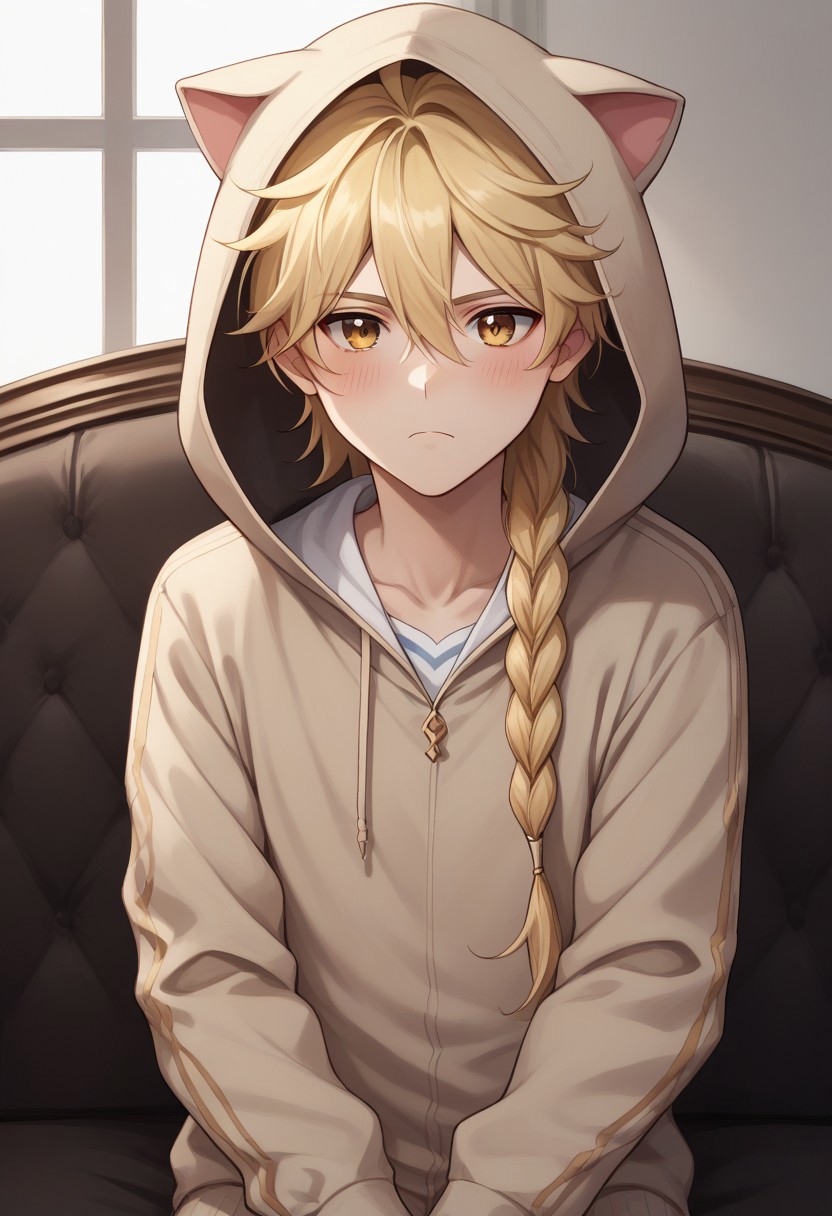 score_9, score_8_up, score_7_up, source_anime, highly detailed, 
traveler, 1boy, male focus, blonde hair, braid, long hair, yellow eyes, solo, single braid, bangs, hair between eyes, looking at viewer, blush, frown, hoodie, hood, animal hood, hood up,
indoor, couch, oriental,