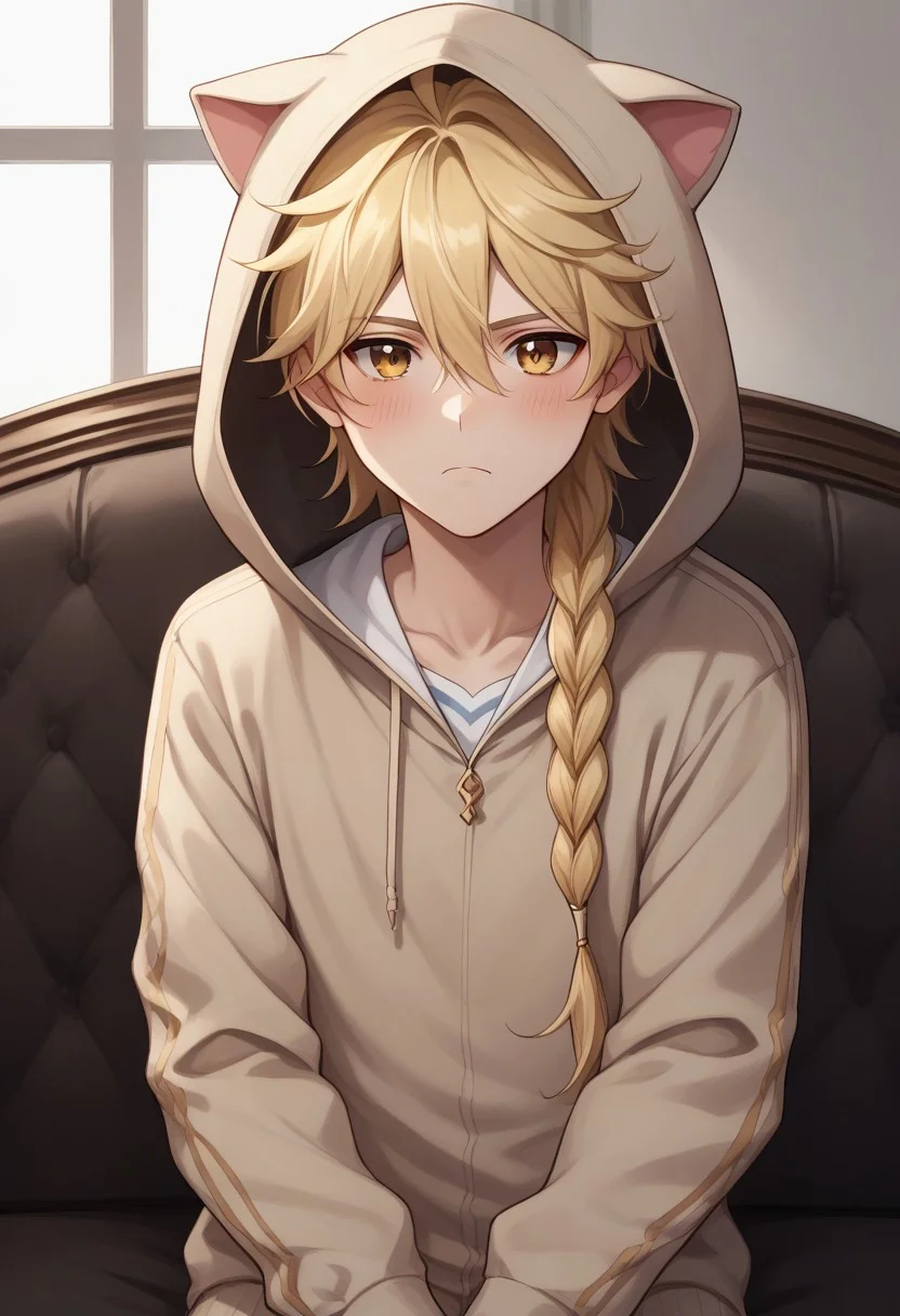 score_9, score_8_up, score_7_up, source_anime, highly detailed,
traveler, 1boy, male focus, blonde hair, braid, long hair, yellow eyes, solo, single braid, bangs, hair between eyes, looking at viewer, blush, frown, hoodie, hood, animal hood, hood up,
indoor, couch, oriental,