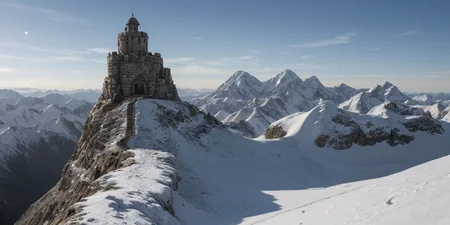 <lora:TheWeirdies_epoch_10:0.55>  , advntr , epiCPhotoGasm-colorfulPhoto, 
score_9, score_8_up, score_7_up, score_6_up
Durlag's Tower was  hollowed out the mountain for the rock that made up his tower and used the space created to hide further treasure. This local landmark was the isolated keep of within the remains of the tower and used the defenses created by Durlag to keep both itself and the treasure safe. Some claimed that this creature was a lich.
no humans
(Tower fortress high on the highest peak of the highest mountain with all other sharp and snowing peaks far below . The tower looks out over a side vista of the tops of countless mountains in a huge range like the Himalayas, snow and frost cover every surface. ) ((maximum detail, supreme quality, 4k, best clarity))