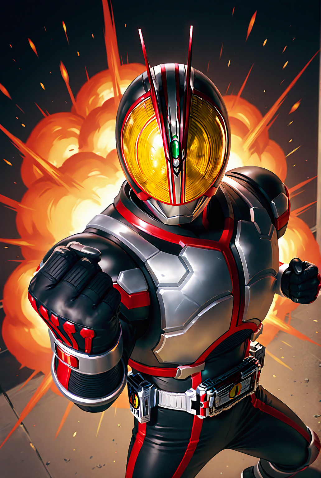 score_9,score_8_up,score_7_up,male focus,ultra-detailed,high resolution,digital painting,8k,1boy,solo,cowboy shot,from above,perspective,clenched hand,male focus,detailed face,helmet,armor,bodysuit,belt,tokusatsu,black bodysuit,fighting stance,fire, explosion,<lora:add-detail-xl:1>,<lora:KamenRider Faiz[illustrious]:0.7>,kamenrider faiz,kamen rider,<lora:League_of_Legends__illustrious-XL:0.5>,