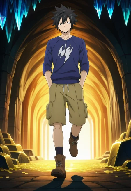 masterpiece, best quality, , anime screencap, , official style, , 1boy, solo, male focus, <lora:gray_fullbuster_ilxl:0.98>, gray_fullbuster, black hair, black eyes, spiked hair, hair between eyes, , , dragon sanctuary, sleeping dragons, treasure hoard, crystal cave, careful stepping, quiet expression, warm lighting, Moire Light brown Floral Cargo shorts, Zigzag Sweatshirt, , ,