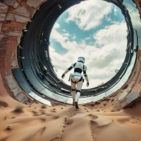 Dutch Angle, Action Shot Closeup Portrait, low key toned, bleaked colors, soft shadows, Color-grain photo of a woman with cyborg face partly destructed and cables wires and screws Walking through a vast desolate desert Landscape with to a giant otclillsn black escher door amidst a pellet storm, thein interiour swirling like a spiral staircase into heaven, wearing a desolate stromtrooper armor, very detailed, fluffy cloudy Sky, atmospheric haze, Film grain, cinematic film still, shallow depth of field, highly detailed, high budget, cinemascope, moody, epic,