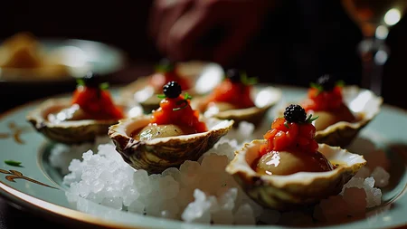 A close-up, elegant food photography shot of six fresh, plump oysters on the half-shell, nestled in their iridescent shells on a glistening bed of finely crushed ice. Each oyster is topped with a small, artful dollop of a vibrant 'Ã  la Russe' relish, showing visible flecks of finely diced red tomato and green chives. A light dusting of coarse black pepper is visible. A hint of glistening moisture from a subtle vodka-lemon dressing catches the light. The background suggests an opulent, early 20th-century dining setting â perhaps a glimpse of fine china, crystal, or dark polished wood. The lighting is soft and inviting, highlighting the textures and freshness of the dish. Optional: A tiny, glistening bead of black caviar atop one or two oysters. Cinematic, historical, luxurious.