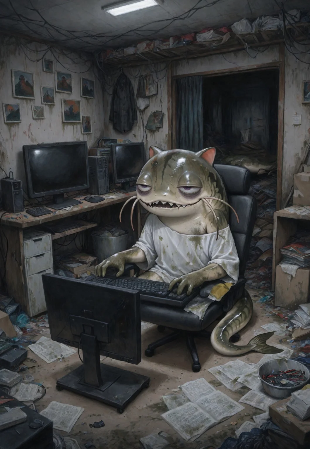 (solo), lukch, painting_\(medium\), portrait, no humans, catfish, sitting, typing, [computer monitor],
disheveled, off-shoulder, oversized shirt, bags under eyes, half-closed eyes, crooked smile, smirk, :v, dirty, messy room, loaded interior, dark,
traditional media, best quality, absurdres, [dynamic pose]