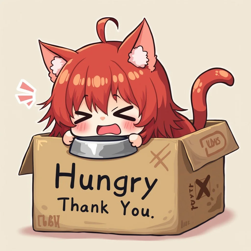 a chibi red hair cat girl take an empty cat food bowl crying lay in a cat box , a word ' Hungry , donate buzz to generated food for me, Thank You ' write on the cat box
