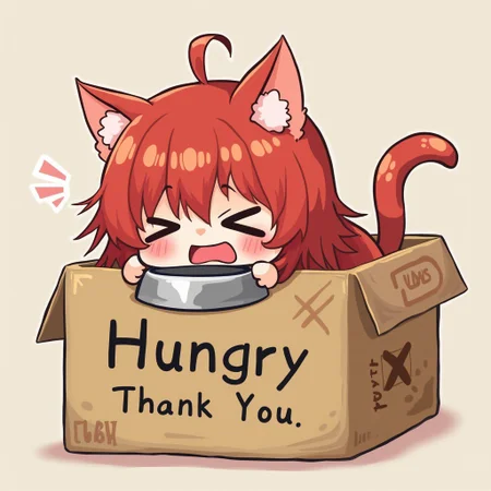 a chibi red hair cat girl take an empty cat food bowl crying lay in a cat box , a word ' Hungry , donate buzz to generated food for me, Thank You ' write on the cat box