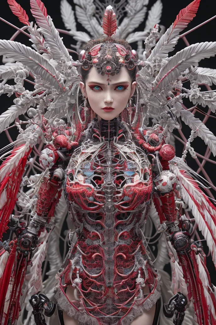 complex 3d render ultra detailed beautiful death angel, biomechanical cyborg, analog 150 mm lens, beautiful natural soft rim light, crystal feathers, roots, fine foliage lace, colorful details, Boris Bidjan Saberi outfit, pearl earrings, piercing, art nouveau fashion embroidered, intricate details, mesh wire, mandelbrot fractal, facial muscles, cable wires, microchip, badass, hyper realistic, ultra detailed, octane render, volumetric lighting, 8k post-production, red and white with a bit of black, detailled metalic bones, semi human, iridescent colors, Glenn Brown style, futuristic room, power of the god, high-angle shot, complex body poses