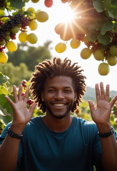 cinematic photo breathtaking 800mm lens, triadic colors, Fruit-Flavored Big Boss of Nature, Vintner, Hands Up Pose, Bantu knots hairstyle, Lens Flare, Sunlight . award-winning, professional, highly detailed . 35mm photograph, film, bokeh, professional, 4k, highly detailed, extremely content happy smile