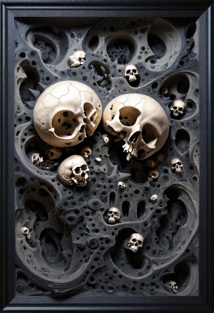 skulls, in the outta realms of your mind, abstract details, distinctive visuals, Intricate, (3D Framed, Skull)