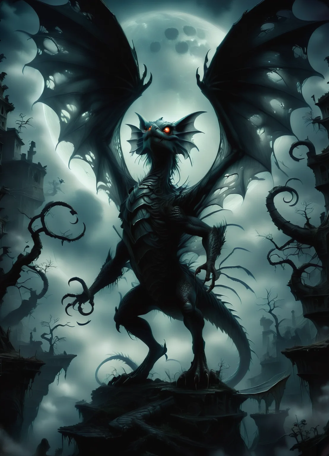 DonMGl00myN1gh7m4r3XL,score_9, score_8_up, score_7_up, score_6_up, a subterranean eclipse tree stocky Mizutsune wyvern, frills, no legs segmented legs, sextet of iridescent wings, forked tails, , creepy, gloomy, <lora:DonMGl00myN1gh7m4r3XL:0.8>