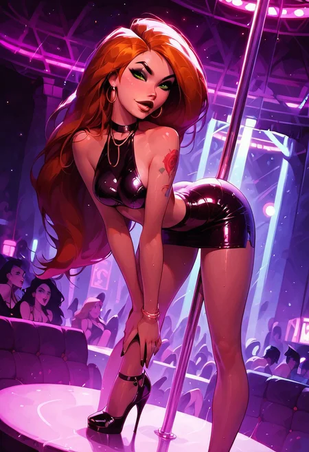score_9, score_8_up, score_7_up, score_6_up, 1woman, Kim possible, long hair, orange hair, high heels, disco club top, disco club skirt, solo, make up, smokey black eyeshadow, long eyelashes, eyeliner, full lips, perfect face, perfect eyes, sexy, sexy girl, beautiful eyes, petite body, medium breasts, seductive, lust, sexy, dynamic angle, yakuza arm tattoo, perfect hands, seductive smile, shiny skin, wet skin, pole dancing, disco club, disco lights, leaning forward