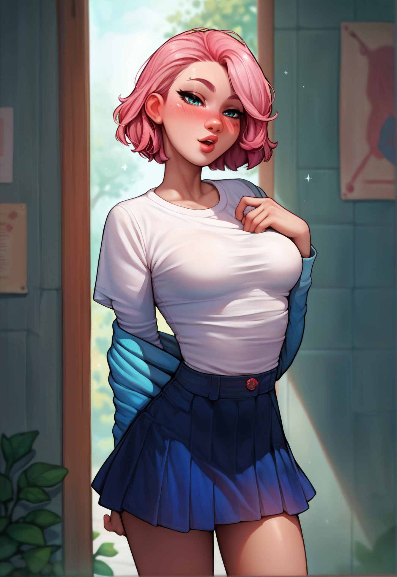 score_9, score_8_up, score_7_up, score_6_up, score_5_up, score_4_up, looking at viewer, 1girl, solo, medium breasts, pink hair, skirt, white shirt, short hair, realistic, lips, nose, blush, standing, <lora:AromaSenseiXL1.1-000007:0.7>