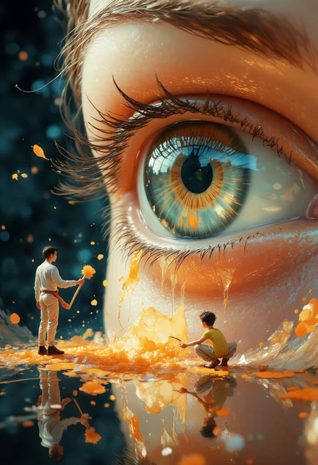 A couple of tiny human using long squeegee brushes cleaning a giant eye, vibrant glow,aidmafluxpro1.1, aidmaMJ6.1,