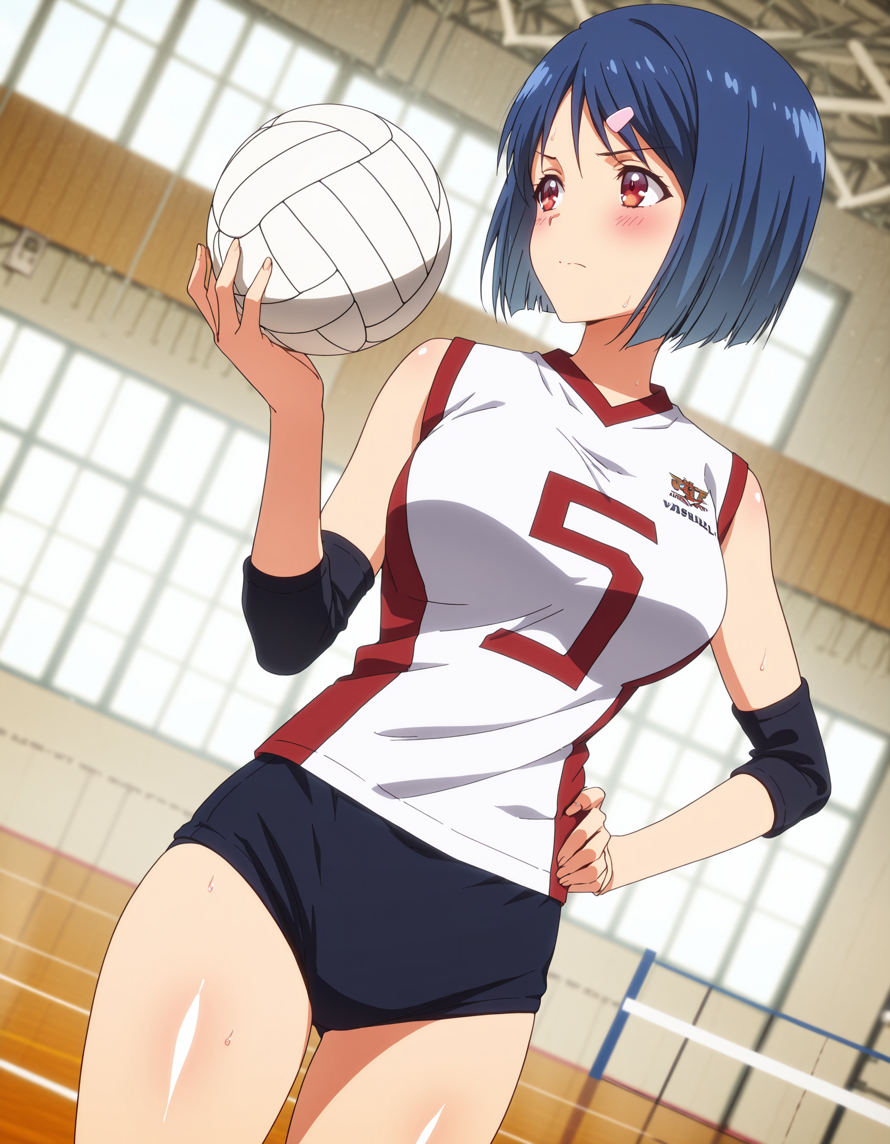 masterpiece,best quality,volleyball uniform,holding ball,volleyball,cowboy shot,sleeveless shirt,hand on waist,white shirt,black buruma,elbow sleeves,knee sleeves,hand up,blush,shiny skin,(skindentation:0.6),dutch angle,(gym:0.9),("5":0.9),depth of field,, <lora:snhr3:1>
snzk,solo,(blue hair:0.6),short hair,(tareme:0.7),(v-shaped eyebrows:0.3),anime coloring,
