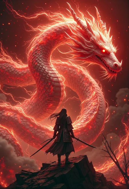 A colossal, ethereal dragon with a ghostly, translucent body coils before a crumbling ancient Japanese temple, its form shifting like mist, adorned with intricate red and black markings that pulse with otherworldly energy. Beneath a dark red sky, casting an ominous glow over the battlefield, a fierce female samurai stands atop the dragonâs massive, serpentine back. She is clad in ornate, traditional samurai armor, gripping a gleaming katana, her gaze unwavering and filled with steely determination. The dragonâs piercing eyes burn with an ancient, knowing fury as its long whiskers and flowing mane ripple in the wind, its sharp talons gripping the shattered stone below. Embers and spectral wisps swirl through the air, blending with the dragonâs shifting essence, creating an eerie yet majestic atmosphere. The scene is bathed in deep reds and shadows, highlighting the samuraiâs intricate armor and the dragonâs ethereal glow, evoking a sense of divine power and legendary vengeance. <lora:Elden_Ring_-_Yoshitaka_Amano.safetensors:0.35>, <lora:Dever_Flux_Enhancer:0.5> <lora:Aura_Flux:0.5>
