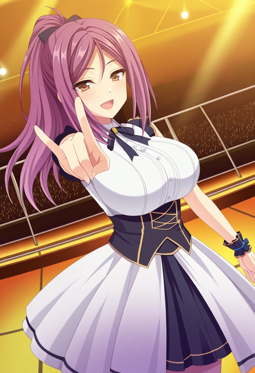 general,highres, ultra-detailed,very aesthetic,best quality ,best hands,best eyes,easynegative,
dynamic anglre, dutch angle, anime cloring,anime screencap,
1girl solo,looking at viewer,on stage, concert hall, dancing, smile, open mouth, 
Jun Moribe,purple hair, long_hair, ponytail, brown_eyes, huge_breasts,idol costume,