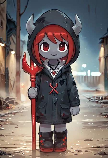score_9, score_8_up, score_7_up, BREAK
highres, highly detailed, high resolution, high quality, 
source_anime, anime screencap, saturation, vivid colors, 
1girl, solo, luce, full body, standing, demon girl,
(dark red hair:1.2), (big dark red eyes:1.1), medium hair, cute, (grey skin:1.1), (horns:1.2), 
(black raincoat:1.1), hood, black rubber boots, 
pentagram necklace, holding one red trident, (red trident:1.2)
stkyswt,
In the style of TOK,
DSP, artist:DSP, mogeko,
pikaole,
blurry background, bokeh, city ruins background, street, dust, 
(outlines:1.2),