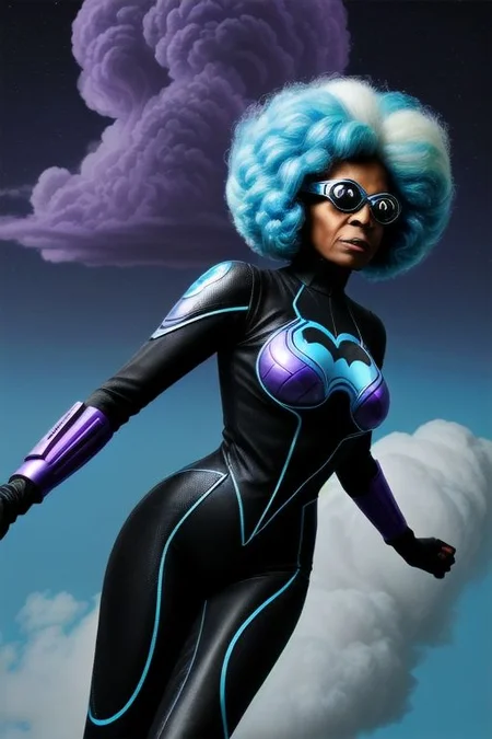 a mature 70 year old black very old woman in black and blue 50's superhero clothes, white small afro, flying in the air, energetic aura, surrounded by purple clouds, highly detailed masterpiece, 70's retrowave victorain scifi psychedelic, nvg
