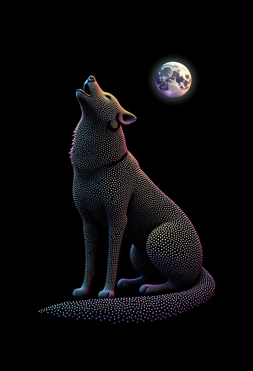A majestic wolf howling at the moon, made from glowing dots, in the style of PSYCHDOT, isolated on a solid black background