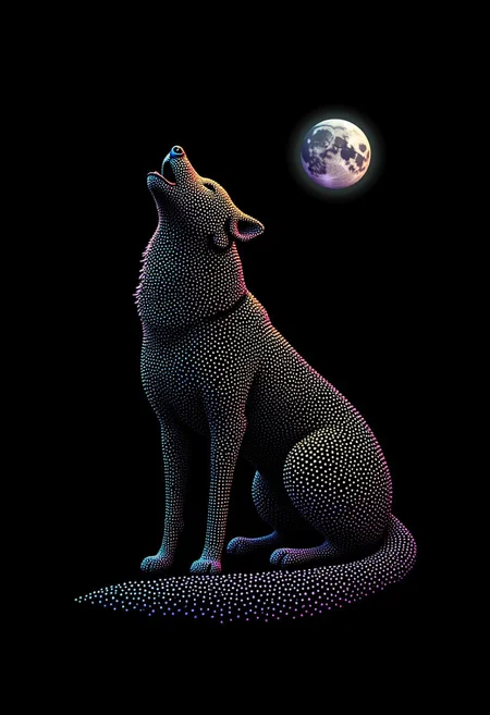 A majestic wolf howling at the moon, made from glowing dots, in the style of PSYCHDOT, isolated on a solid black background