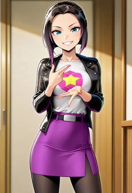 masterpiece, good quality, best quality, dynamic view, original style, screencap, TDPstyle
Zoe, blue eyes, black hair, purple tips, black leather jacket, white shirt, star shirt, purple skirt, black leggings, medium breast,
(solo, seducing, sexy pose, dynamic pose, looking at viewer, aroused, cowboy shot)