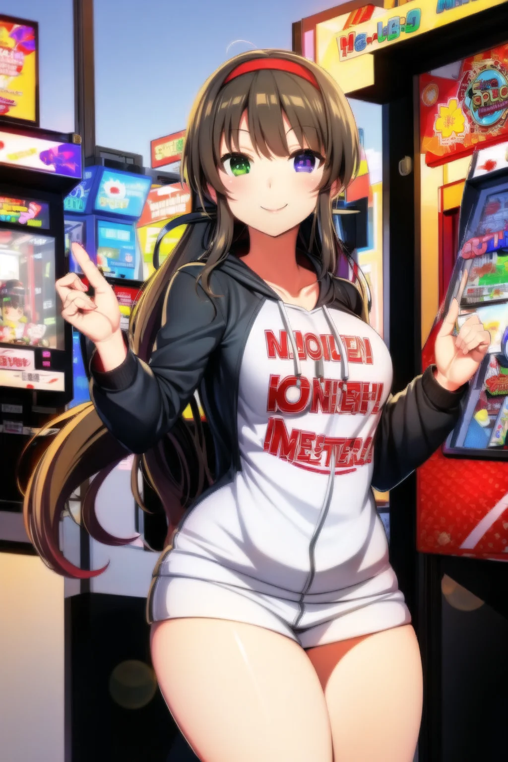 ryoubi \(senran kagura\), small breasts, wide hips, heterochromia, smile, white pupils, <lora:ryoubi-07:0.6>, <lora:Arcade V8:0.6>, arcade, arcade cabinet, hoodie,