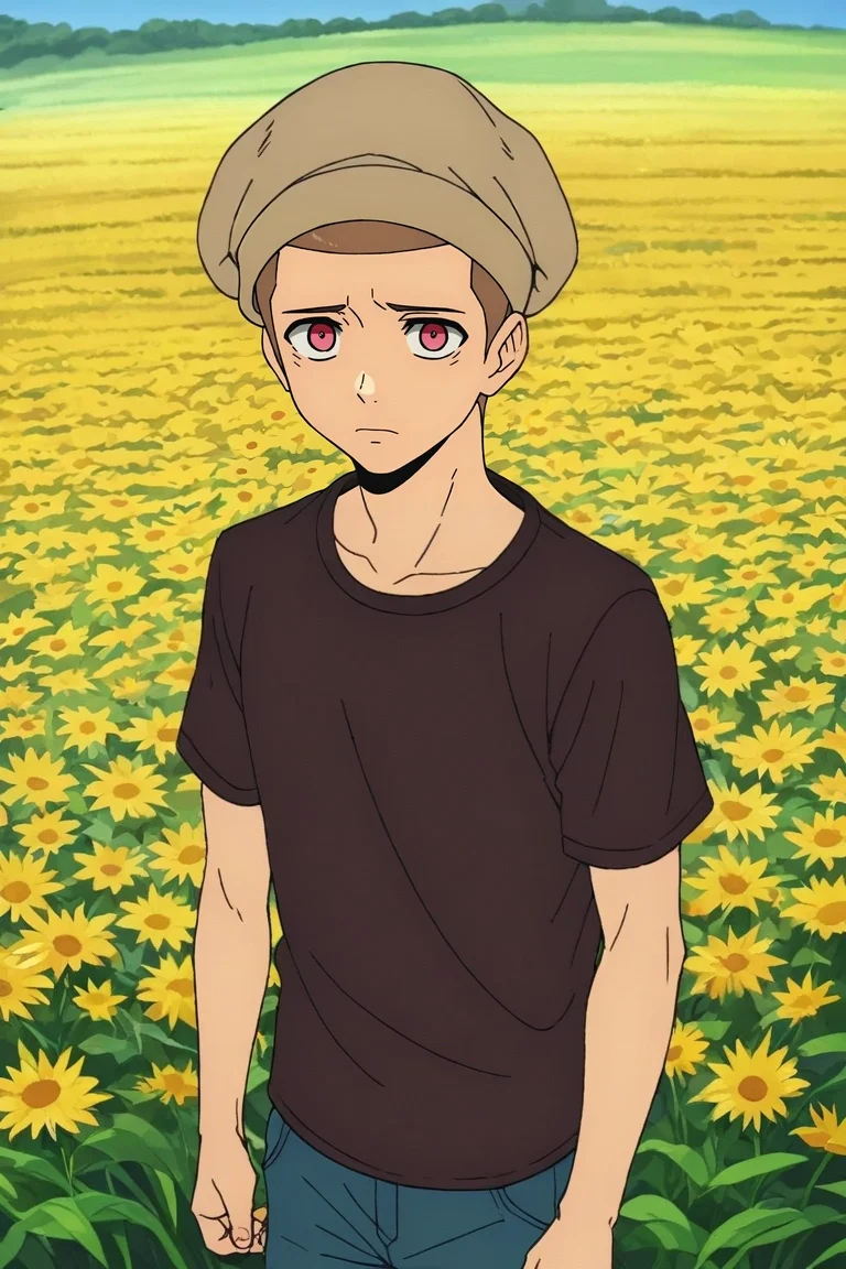zPDXL, score_9, score_8_up, score_7_up, rating_safe, , , depth of field, 1boy, male focus, pink eyes, light brown hair, crew cut, , snapback, solo, wide angle, wide shot, cowboy shot, flower field, flowers, light, dynamic pose, sad, <lora:kami_no_tou_style_pony:0.84>, kami_no_tou_style, , <lora:sdxl_lightning_8step_lora:1>