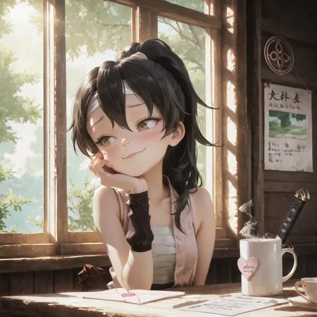 highres, best quality, masterpiece, safe pos, masterpiece, best quality, amazing quality, very aesthetic, absurdres, newest, volumetric lighting, holographic colors, cute, gradient colors, 4k, hd, ultra detailed, sfw, usnr, gbf style, , ambient occlusion, raytracing, soft lighting, bloom effect, absolutely eye-catching, intricate cinematic background, \(beautiful face\),
BREAK
,
photo realistic, very aesthetic, scenery,
BREAK
,
Smiling, happy, blushing, flustered, shy, awkward smile, hand on own cheek, holding love letter, heart on letter, looking at viewer, eye contact,
BREAK
,
Cafe background, table, steamy mug, sunlight though window, sunlight, cafe,
dynamic angle, intricate light, Kunoichi Tsubaki, Long black hair tied in a ponytail, Brown eyes, Fair skin, Red kimono-style outfit, White arm guards, Ninja sandals, Headband with clan symbol, Confident posture, Sword carried on back,