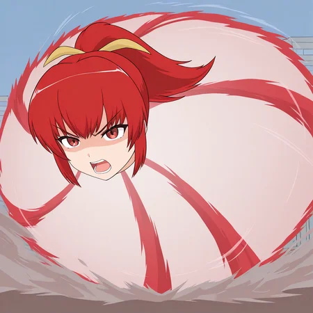 choukyuuhaoudeiedan, spinning, 1girl, solo, satsukirindorival, red hair, ponytail, hair ribbon, red eyes, head only, open mouth, angry, shouting, dust, red smoke, city background