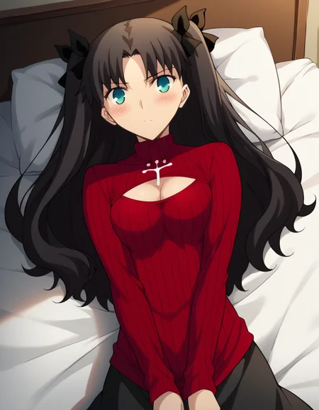 score_9, score_8_up, score_7_up, source_anime, rintohsaka, <lora:rin-tohsaka-ubw-ponyxl-lora-nochekaiser:1>, rin tohsaka, aqua eyes, black hair, hair ribbon, long hair, ribbon, sidelocks, two side up, parted bangs,, <lora:open-chest-sweater-ponyxl-lora-nochekaiser:1>, open-chest sweater, ribbed sweater, cleavage cutout, meme attire, clothing cutout, turtleneck, sweater dress, cleavage, clothes tug, sweater pull, cleavage reach,, indoors, bed, bed room, blush, on bed, on back,, cowboy shot, dutch angle,