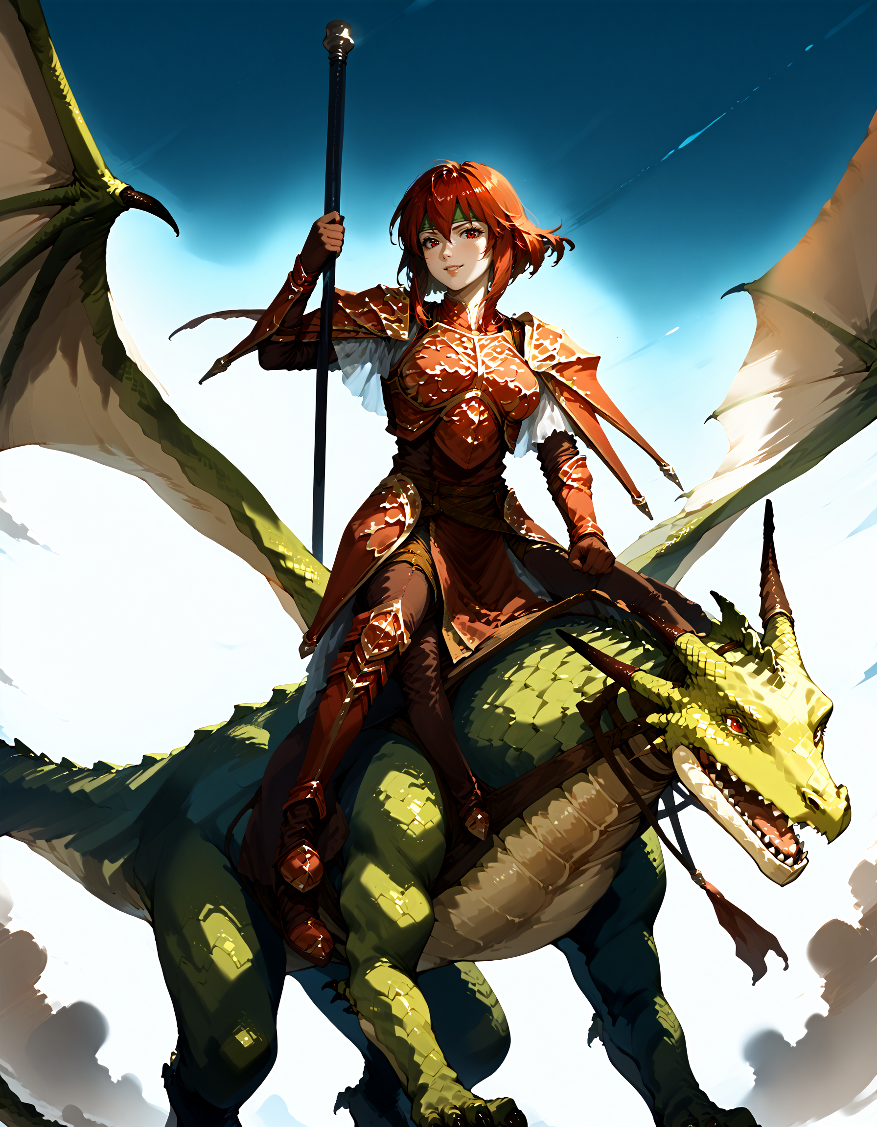 zPDXL3,<lora:Pony_DetailV2.0:1>,sky BREAK 1girl,1other,large breasts,
BREAK wyvern rider,dragon riding,dragon wings,knight,green dragon,polearm,holding polearm,holding weapon,flying,smile,<lora:wyvern rider-pony-v31:1> BREAK feMva,red hair,short hair,red eyes,green headband,red armor,shoulder armor,gauntlets,gloves,brown pants,pelvic curtain,armored boots,<lora:feminerva-pdxl-nvwls-v1:1>,