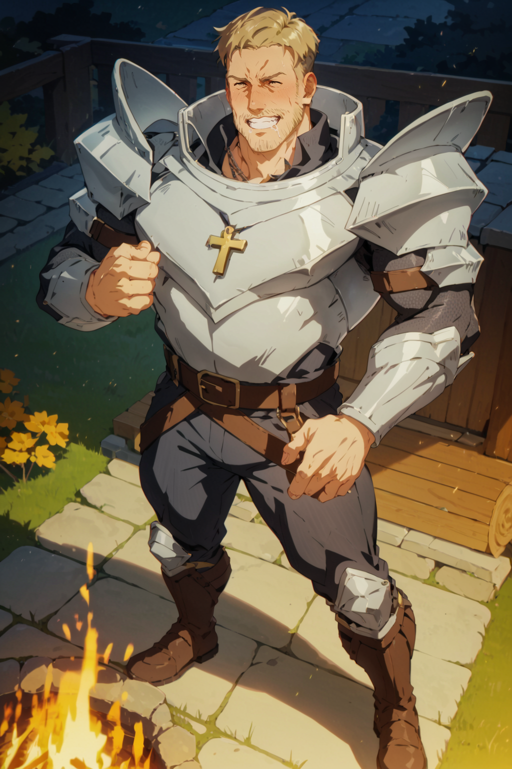score_9,score_7_up,score_6_up,score_5_up,score_4_up, 1boy, solo, bara, muscular male, beard, blonde hair, ear blush, nose blush, orgasm, saliva, outdoors, cross necklace, narrow waist, grin, standing, high angle, full body, belt, armor, perfect anatomy, perfect proportions, best quality, masterpiece, high_resolution, high quality, best aesthetic, incredibly absurdres, highres, extremely detailed, huge filesize, source_anime \(campfire cooking in another world with my absurd skill\), sharp shadows, direct lighting, vibrant colors, glow effect, bloom, edge color fringing, chromatic aberration,  <lora:Werner_-_Campfire_Cooking_in_Another_World_with_My_Absurd_Skill-000009:1>, Werner from anime \(campfire cooking in another world with my absurd skill\),  <lora:add-detail-xl:1>,  <lora:Anime Summer Days 2 Style SDXL_LoRA_Pony Diffusion V6 XL:0.8>,