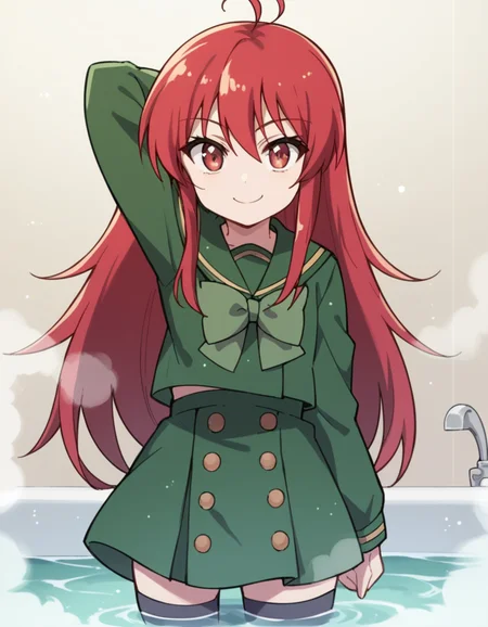 score_9, score_8_up, score_7_up, source_anime, <lora:shakugan-no-shana-s3-ponyxl-lora-nochekaiser:1>, shana, long hair, red hair, red eyes, ahoge, sidelocks,, school uniform, serafuku, green serafuku, bowtie, green bowtie, green shirt, green sailor collar, long sleeves, green skirt, buttons, thighhighs,, bathtub, water, bubbles, steam, towel, smile, hand behind head, , looking at viewer, solo,, dutch angle, cowboy shot