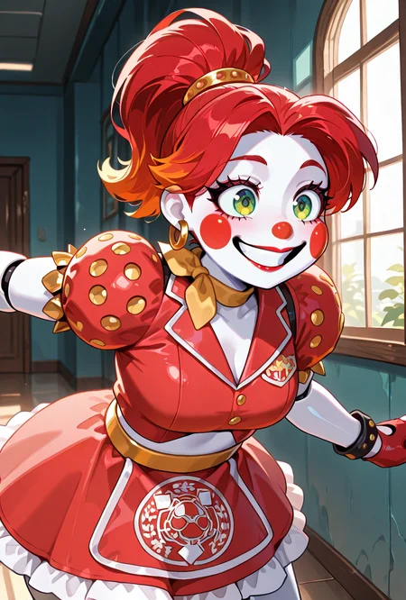 <lora:ilglambab-10:1> glambab, white skin, red hair, ponytail, wide smile, earrings, short puffy sleeves, red fingerless gloves, red dress, red lips, green eyes,, red nose,  ((dynamic pose)), midriff window,, ((animatronic, robot, faceplates, line on face)), solo,, masterpiece, best quality, amazing quality, very aesthetic, absurdres, newest,