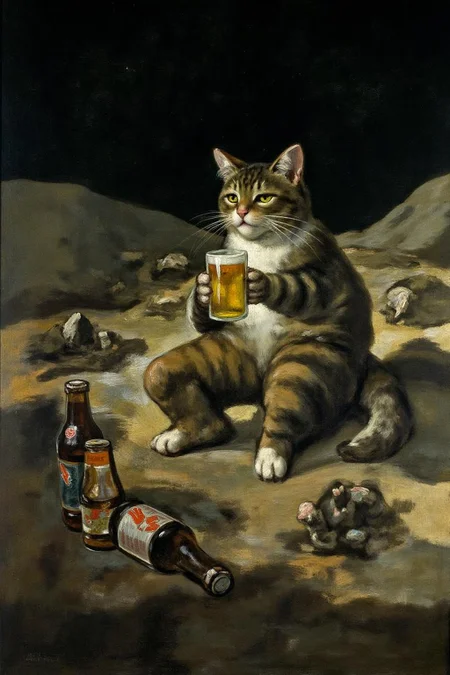 g0ya1 painting. A cat enjoying a beer on the lunar surface, surrounded by empty and full beer bootles. Rocky terrain, desolate and otherworldly landscape <lora:g0ya2_cap_d6a3e12:1.0><lora:823852719967298072:0>