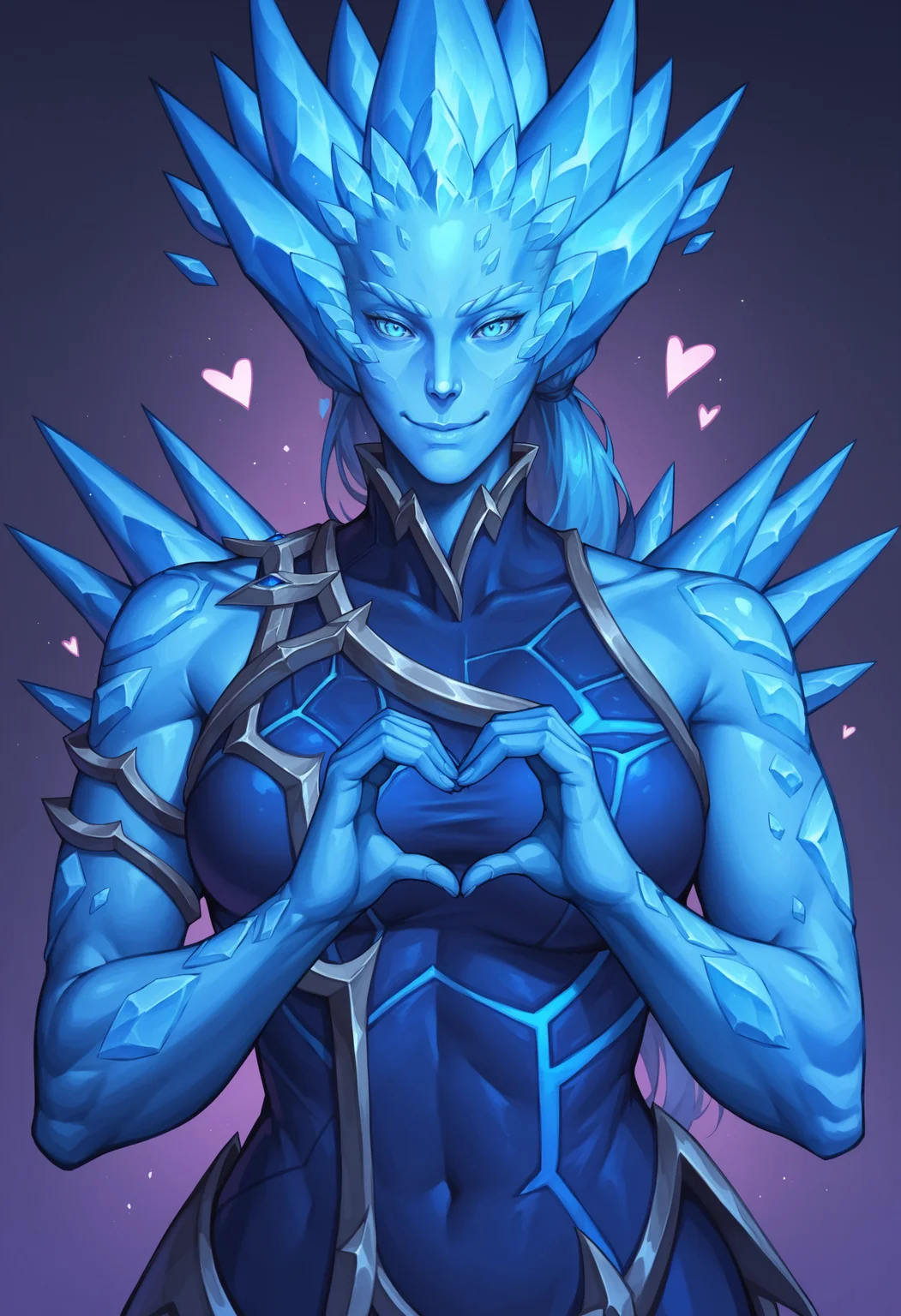 score_9, score_8_up, score_8, source_anime, 1girl, <lora:Vyranoth:0.9> , ice, blue skin, blue eyes, blue hair, breasts, looking at viewer, smile, upper body, heart hands, 
simple background, violet background,