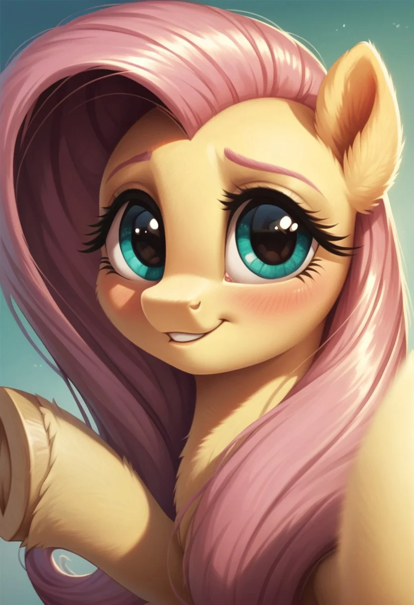 score_9, score_8_up, score_7_up, score_6_up, score_5_up, score_4_up, my little pony, ((feral pony)), Fluttershy, 1girl, ((solo)), (sexy), beautiful, detailed, (detailed cute pony face), detailed eyes, detailed fur, detailed hooves, beautiful, vector, flat colors, (beautiful long eyelashes), (beautiful hooves), simple background, colorful background, (looking at you, looking at viewer:1.5), selfie, smiling, shy, blushing, shy smile, ((close-up)), high angle