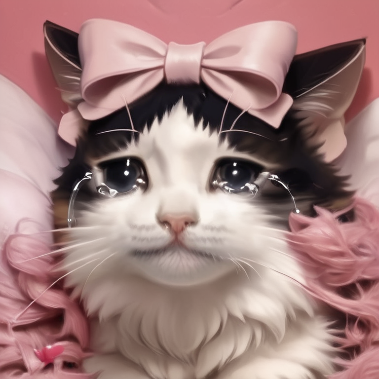 score_9, score_8_up, score_7_up,score_6_up, score_3, score_5, score_4, 
sad cat meme, no humans, cat, animal focus, pink bow, bow, animal, solo, looking at viewer, black eyes,
,animal,sad,cry,tears,
 <lora:sad_cat_pony27:0.8>