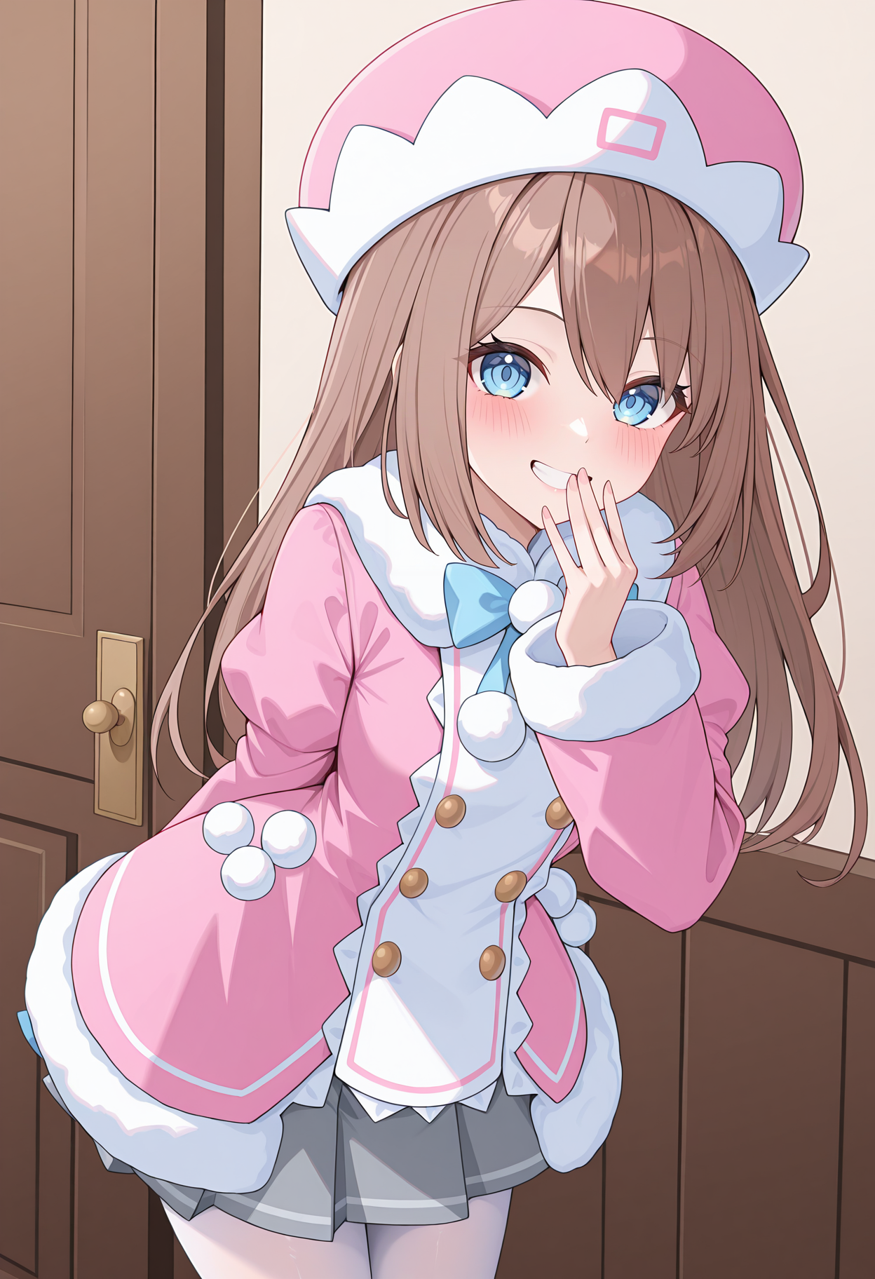 highres, best quality, masterpiece, indoors,
1girl, solo, nptram, brown hair, long hair, blue eyes,
nramdef, hat, pink headwear, pink coat, dress coat, pom pom \(clothes\), double-breasted, fur-trimmed coat, grey skirt, skirt under dress, pleated skirt, white pantyhose,
looking at viewer, blush, smile,
hand to mouth, teeth, leaning forward, 
<lora:_ram_neptunia-elesico-ilxl:1>