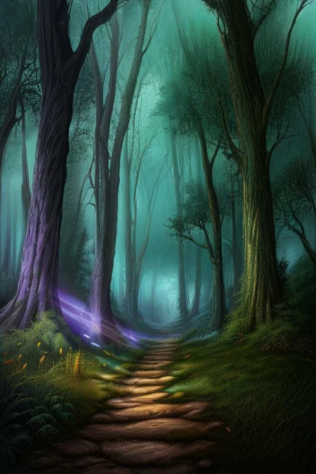 score_9, score_8_up, score_7_up, highly detailed, 
((detailed background, fantasy forest background, fog, glowing light, trees, grass, narrow path)), no people,